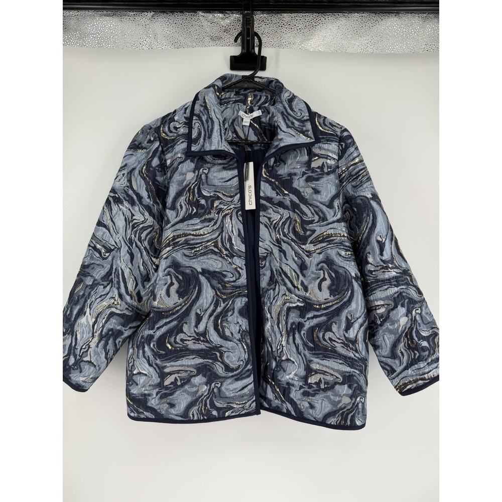 NEW Chico's Blazer Jacket 2 US Large Travelers Jacquard Blue Gold Swirl - Picture 2 of 7